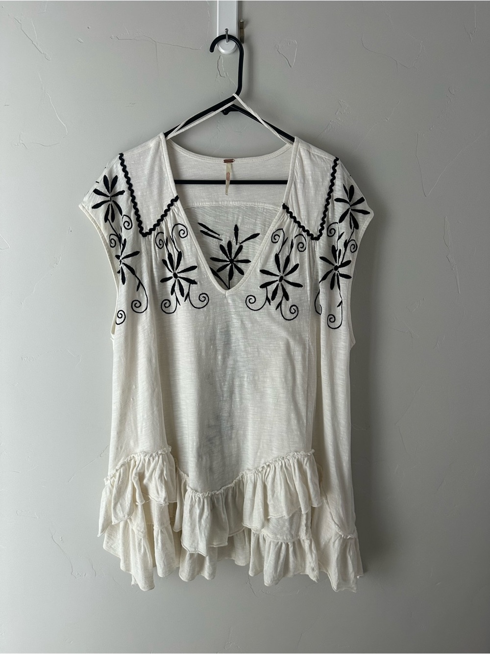 Free People White V-Neck Tunic with Black Floral Embroidery